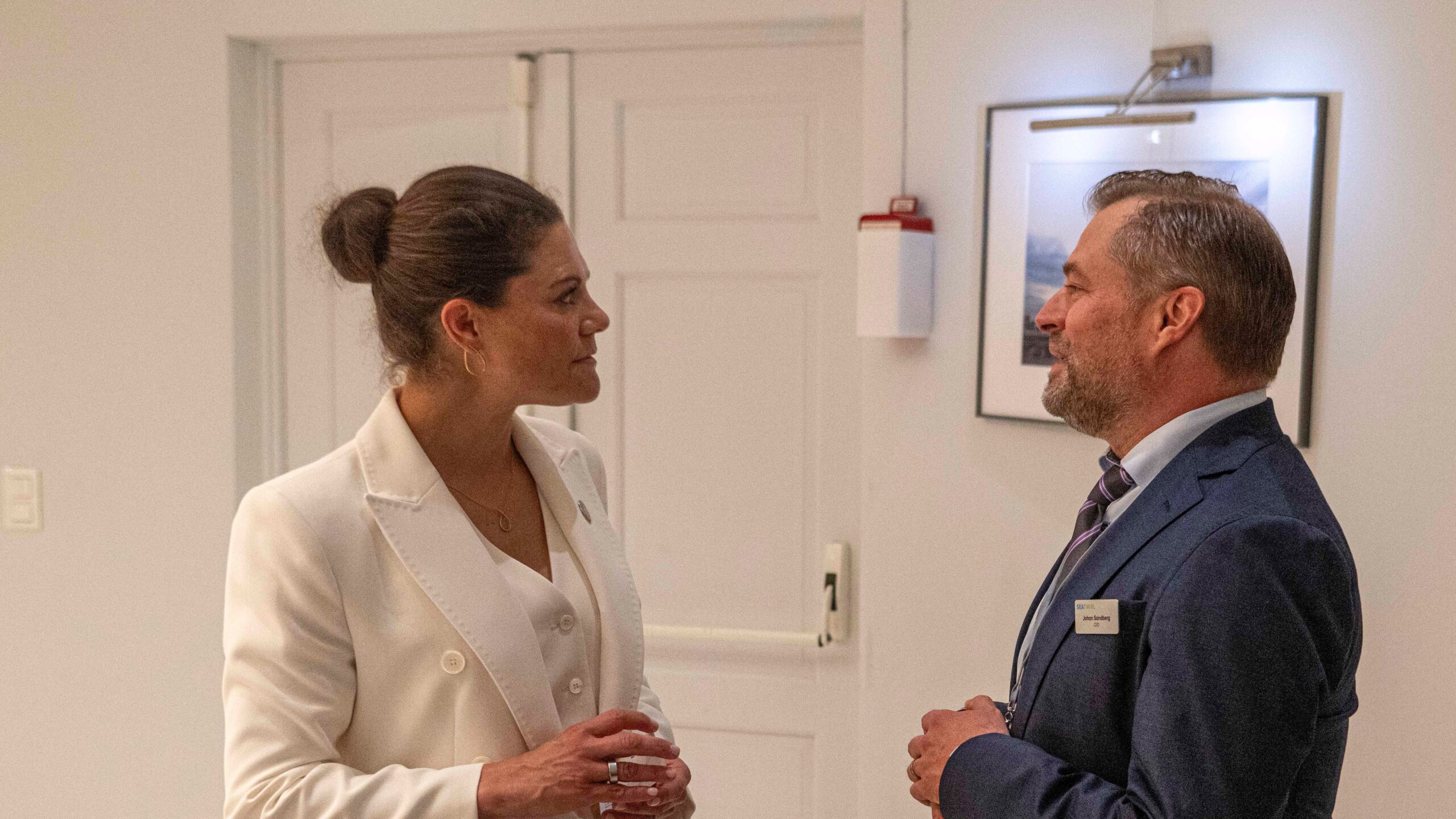 Image of H.R.H Crown Princess Victoria of Sweden and Johan Sandberg, CEO of SeaTwirl at UNOC3, 2025.